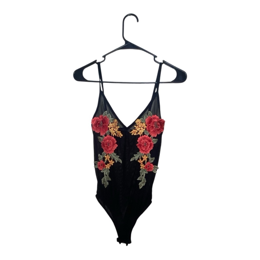 Boohoo Black Mesh Embroidered Detail Top